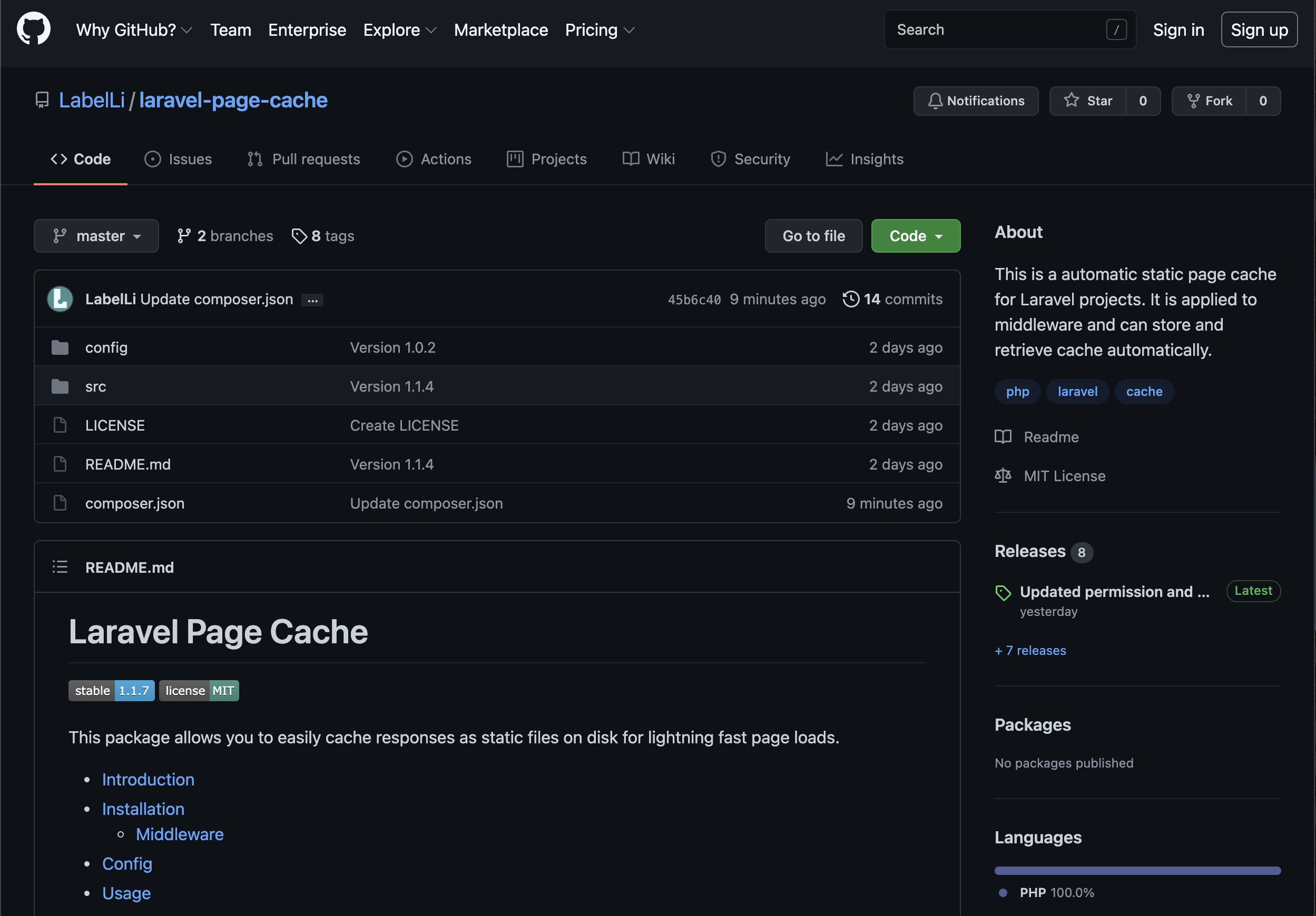 First Package for composer – Laravel page cache